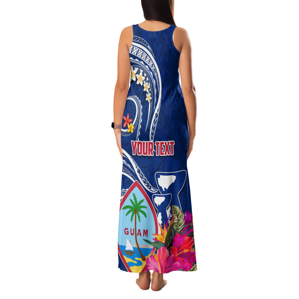 Personalised Guam Liberation Family Matching Tank Maxi Dress and Hawaiian Shirt Latte Stone and Guahan Seal Jungle Flower LT03 - Polynesian Pride