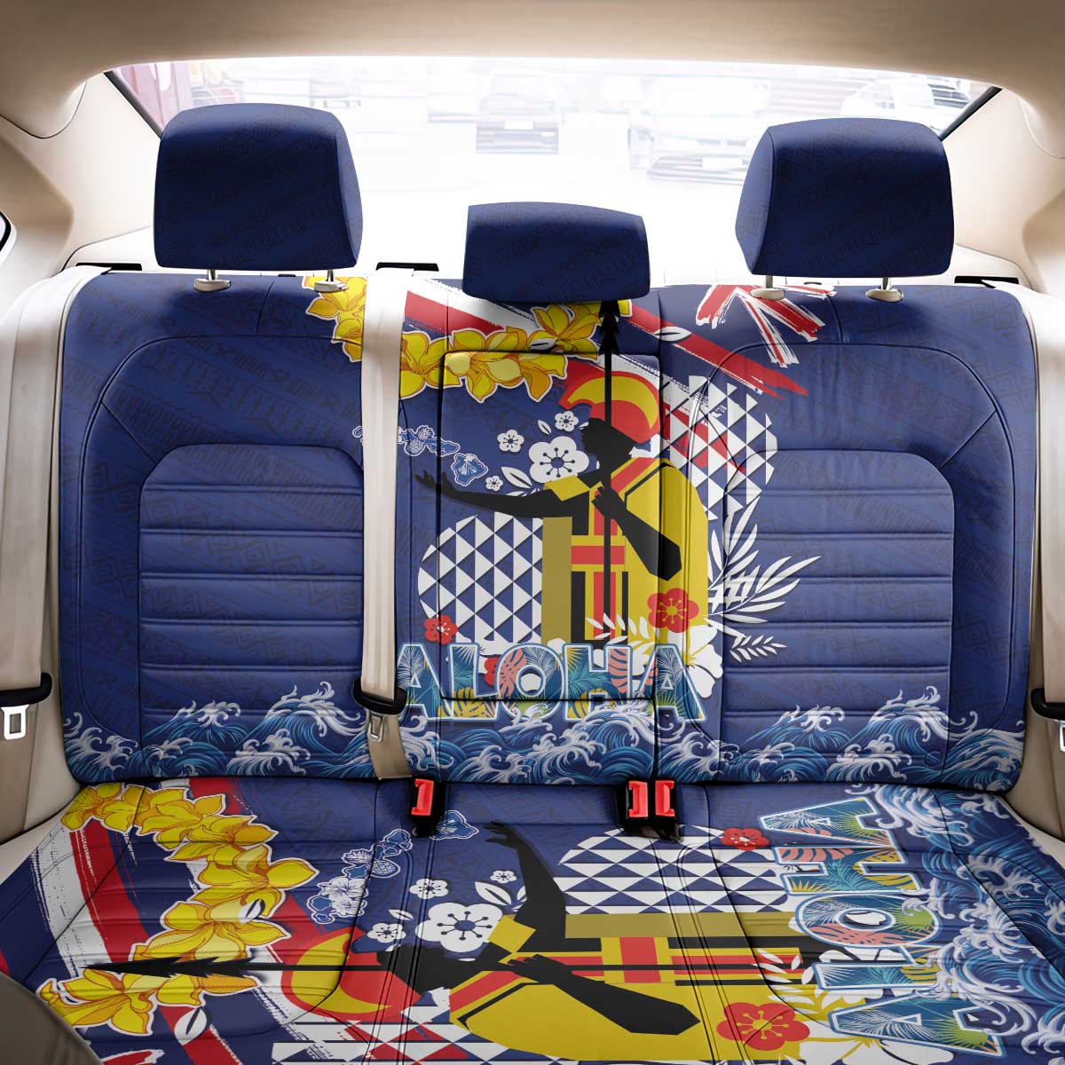Hawaii King Kamehameha Day Back Car Seat Cover Lei Sea Waves Polynesian Tapa Pattern