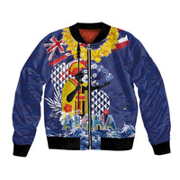 Hawaii King Kamehameha Day Bomber Jacket Lei Sea Waves Polynesian Tapa Pattern