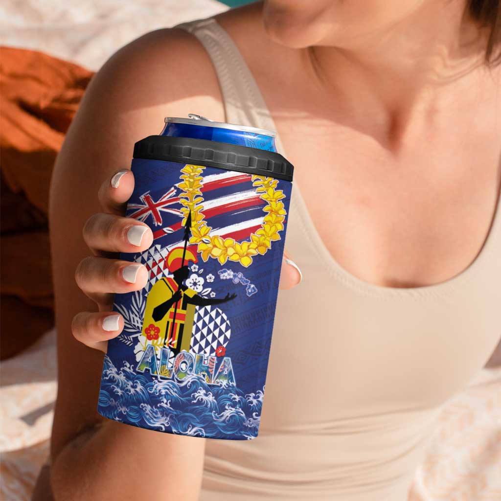Hawaii King Kamehameha Day 4 in 1 Can Cooler Tumbler Lei Sea Waves Polynesian Tapa Pattern