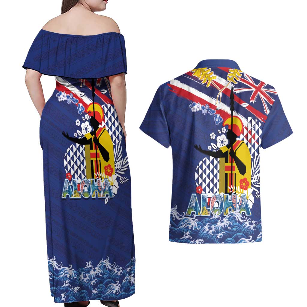 Hawaii King Kamehameha Day Couples Matching Off Shoulder Maxi Dress and Hawaiian Shirt Lei Sea Waves Polynesian Tapa Pattern