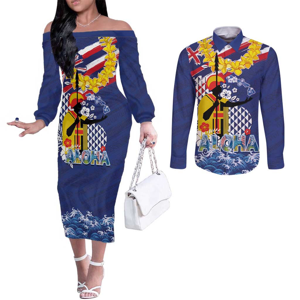 Hawaii King Kamehameha Day Couples Matching Off The Shoulder Long Sleeve Dress and Long Sleeve Button Shirt Lei Sea Waves Polynesian Tapa Pattern