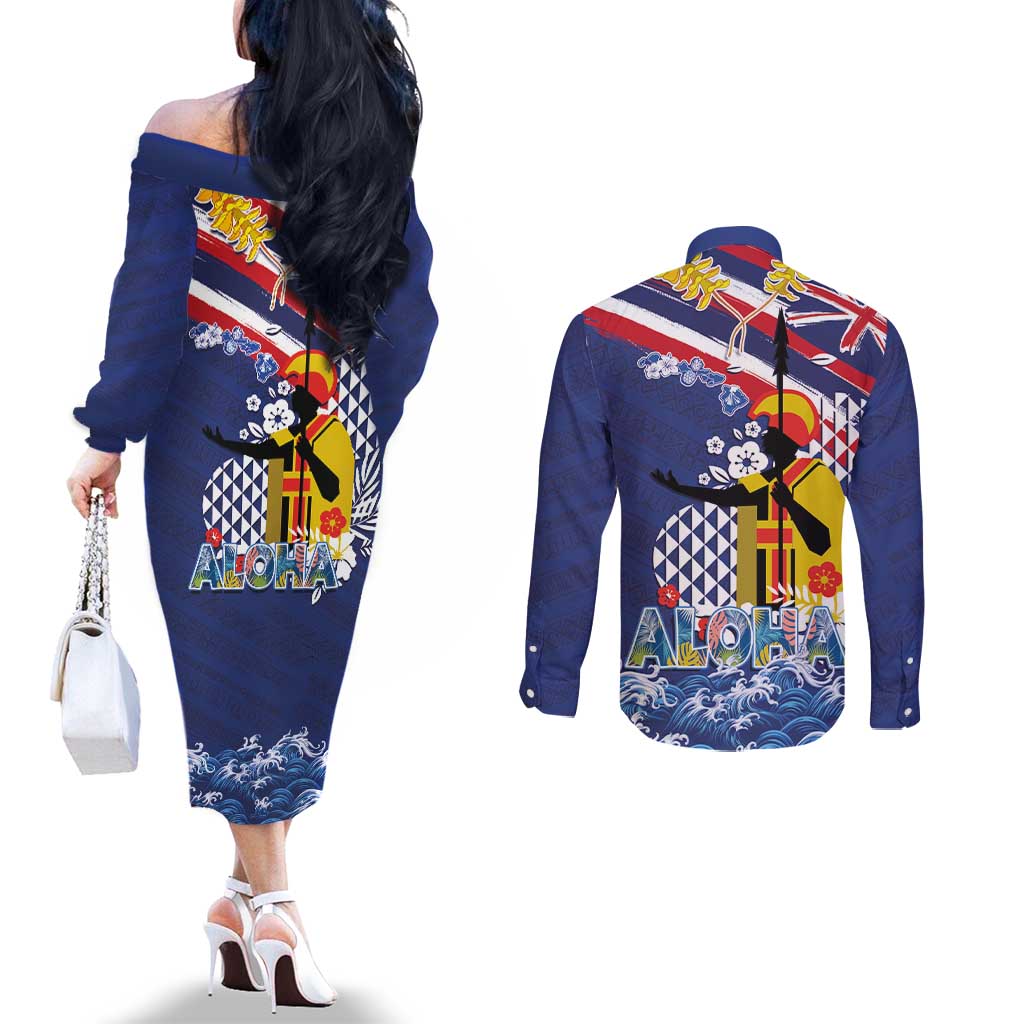 Hawaii King Kamehameha Day Couples Matching Off The Shoulder Long Sleeve Dress and Long Sleeve Button Shirt Lei Sea Waves Polynesian Tapa Pattern