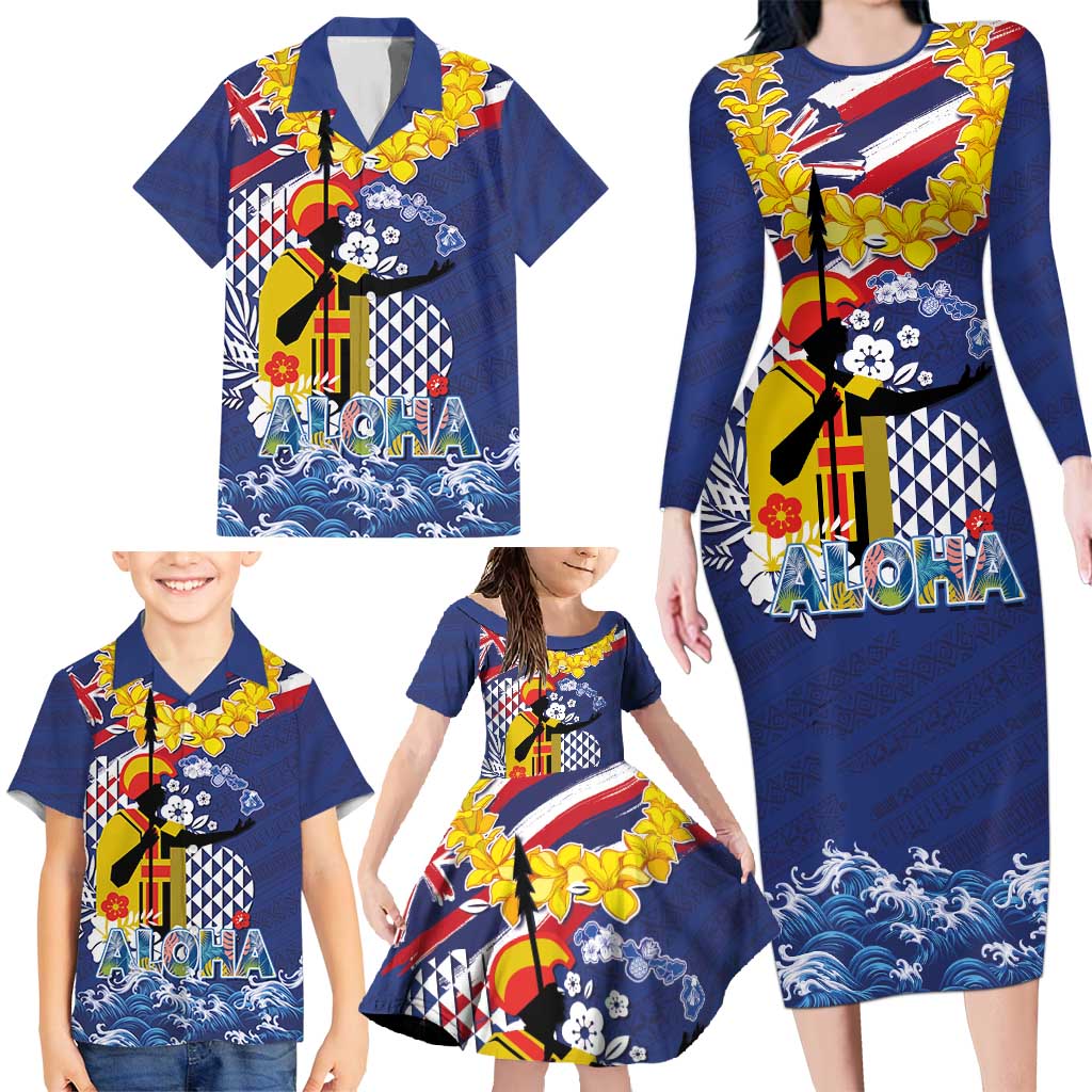 Hawaii King Kamehameha Day Family Matching Long Sleeve Bodycon Dress and Hawaiian Shirt Lei Sea Waves Polynesian Tapa Pattern LT03 - Polynesian Pride