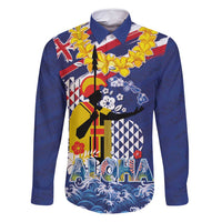 Hawaii King Kamehameha Day Family Matching Long Sleeve Bodycon Dress and Hawaiian Shirt Lei Sea Waves Polynesian Tapa Pattern LT03 Dad's Shirt - Long Sleeve Blue - Polynesian Pride