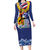Hawaii King Kamehameha Day Family Matching Long Sleeve Bodycon Dress and Hawaiian Shirt Lei Sea Waves Polynesian Tapa Pattern LT03 Mom's Dress Blue - Polynesian Pride