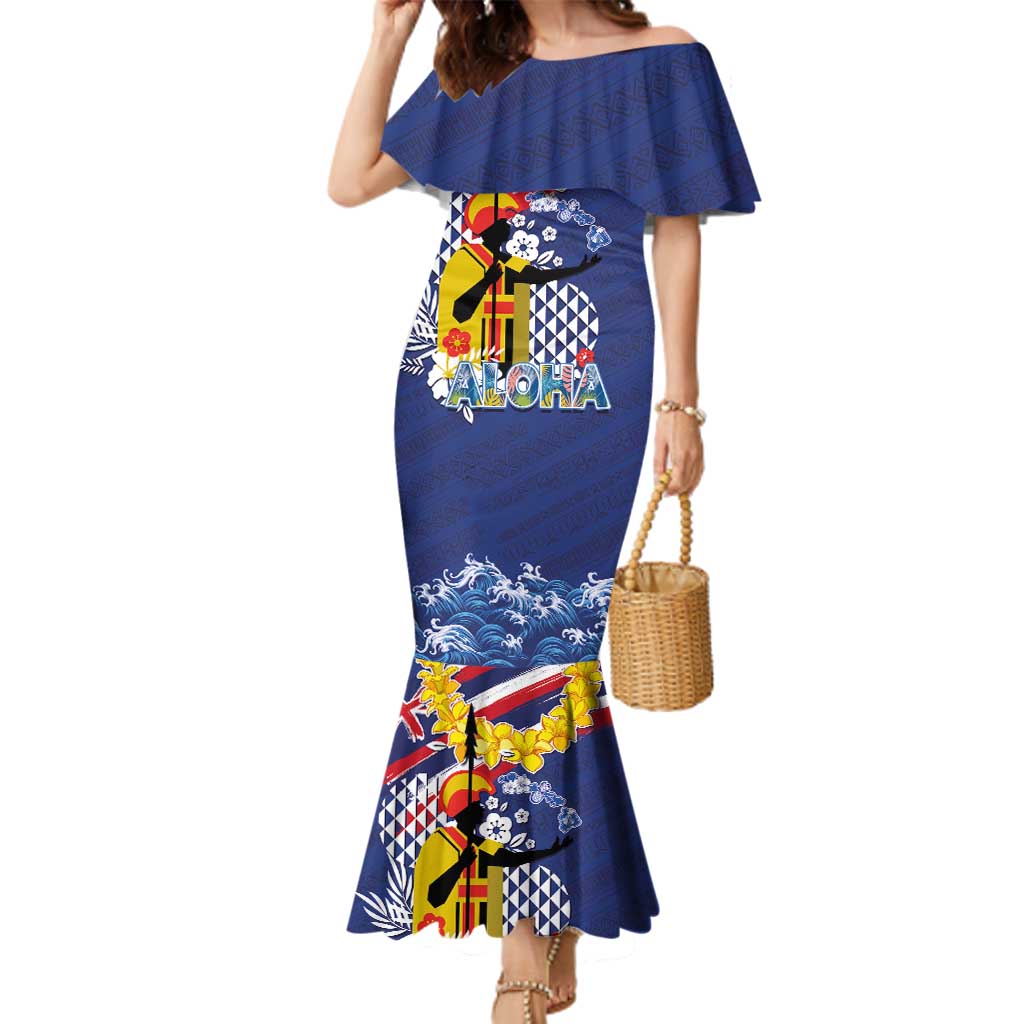 Hawaii King Kamehameha Day Family Matching Mermaid Dress and Hawaiian Shirt Lei Sea Waves Polynesian Tapa Pattern LT03 Mom's Dress Blue - Polynesian Pride