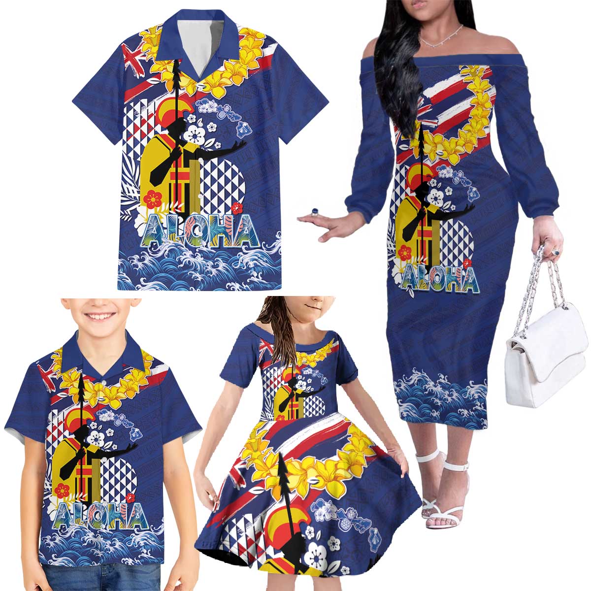 Hawaii King Kamehameha Day Family Matching Off The Shoulder Long Sleeve Dress and Hawaiian Shirt Lei Sea Waves Polynesian Tapa Pattern LT03 - Polynesian Pride