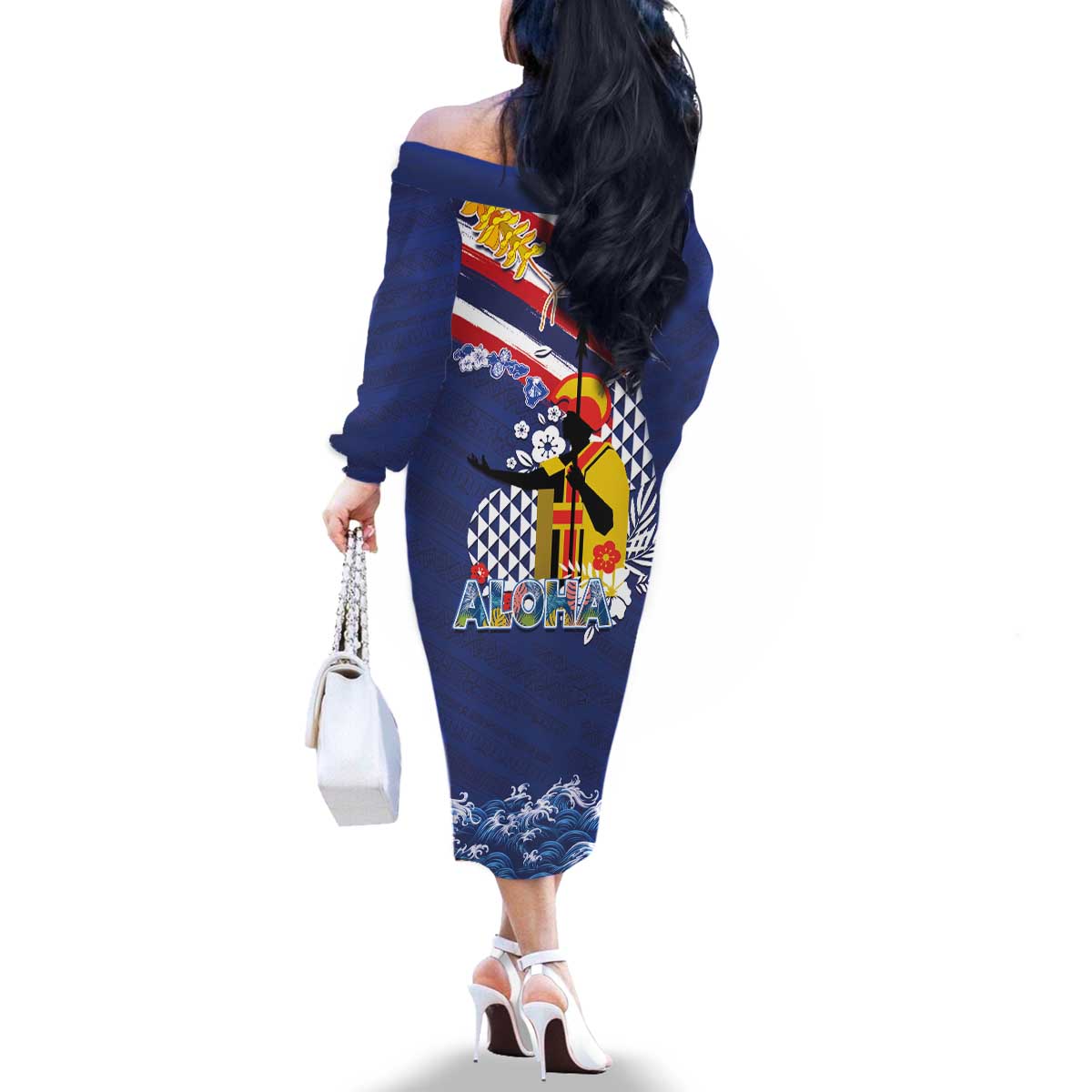 Hawaii King Kamehameha Day Family Matching Off The Shoulder Long Sleeve Dress and Hawaiian Shirt Lei Sea Waves Polynesian Tapa Pattern LT03 - Polynesian Pride