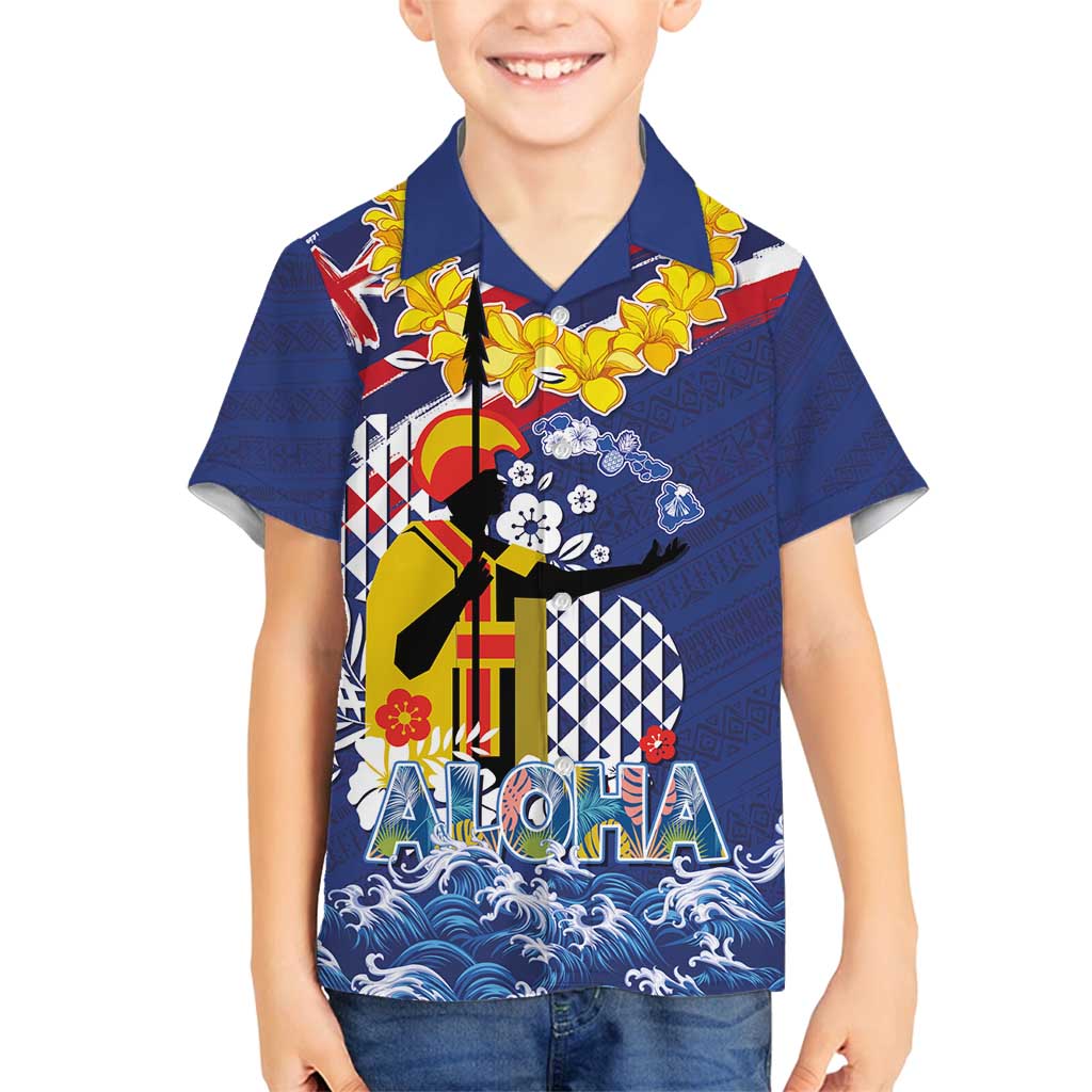 Hawaii King Kamehameha Day Family Matching Off Shoulder Maxi Dress and Hawaiian Shirt Lei Sea Waves Polynesian Tapa Pattern LT03 Son's Shirt Blue - Polynesian Pride