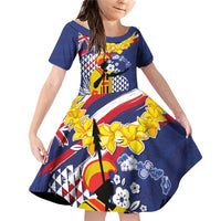 Hawaii King Kamehameha Day Family Matching Off Shoulder Short Dress and Hawaiian Shirt Lei Sea Waves Polynesian Tapa Pattern LT03 Daughter's Dress Blue - Polynesian Pride