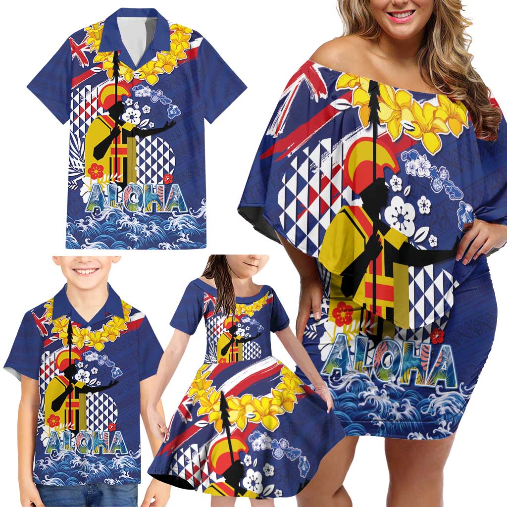 Hawaii King Kamehameha Day Family Matching Off Shoulder Short Dress and Hawaiian Shirt Lei Sea Waves Polynesian Tapa Pattern LT03 - Polynesian Pride