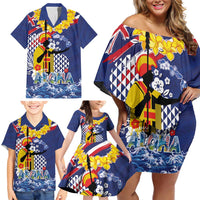Hawaii King Kamehameha Day Family Matching Off Shoulder Short Dress and Hawaiian Shirt Lei Sea Waves Polynesian Tapa Pattern LT03 - Polynesian Pride