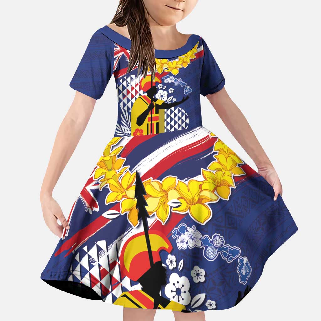 Hawaii King Kamehameha Day Family Matching Short Sleeve Bodycon Dress and Hawaiian Shirt Lei Sea Waves Polynesian Tapa Pattern LT03 Daughter's Dress Blue - Polynesian Pride