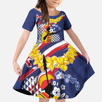 Hawaii King Kamehameha Day Family Matching Short Sleeve Bodycon Dress and Hawaiian Shirt Lei Sea Waves Polynesian Tapa Pattern LT03 Daughter's Dress Blue - Polynesian Pride