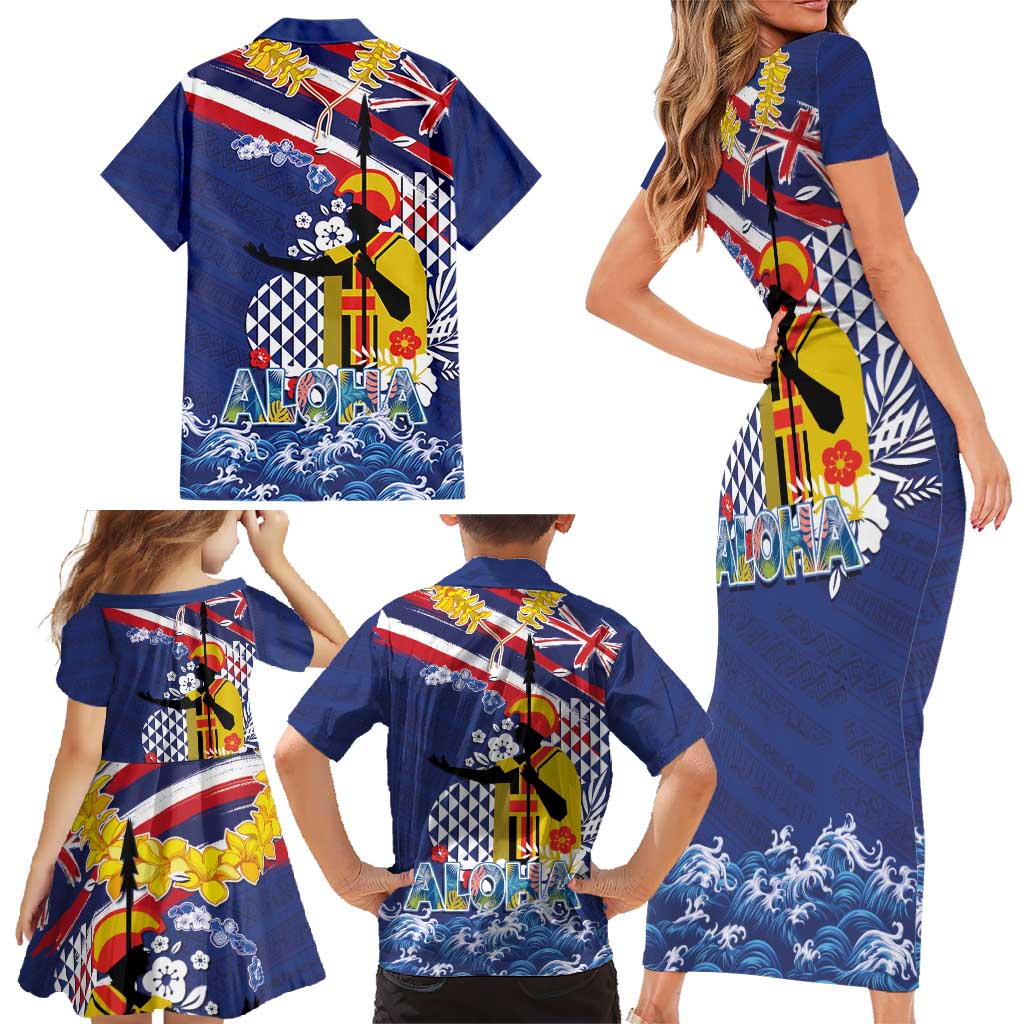 Hawaii King Kamehameha Day Family Matching Short Sleeve Bodycon Dress and Hawaiian Shirt Lei Sea Waves Polynesian Tapa Pattern LT03 - Polynesian Pride
