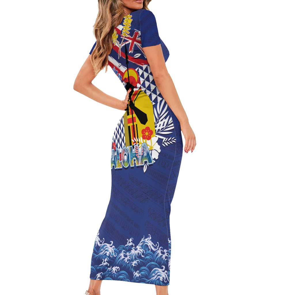 Hawaii King Kamehameha Day Family Matching Short Sleeve Bodycon Dress and Hawaiian Shirt Lei Sea Waves Polynesian Tapa Pattern LT03 - Polynesian Pride