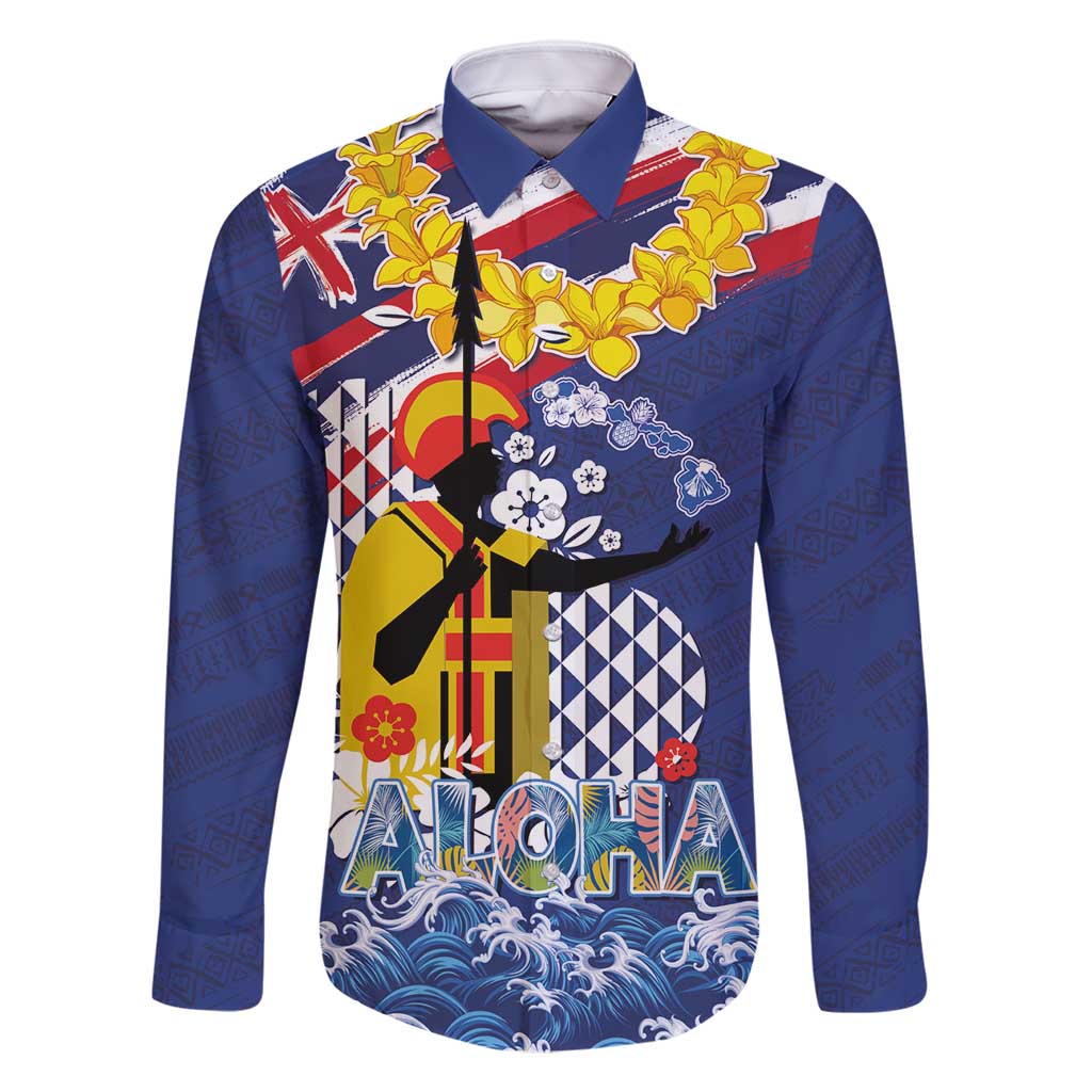 Hawaii King Kamehameha Day Family Matching Summer Maxi Dress and Hawaiian Shirt Lei Sea Waves Polynesian Tapa Pattern LT03 Dad's Shirt - Long Sleeve Blue - Polynesian Pride