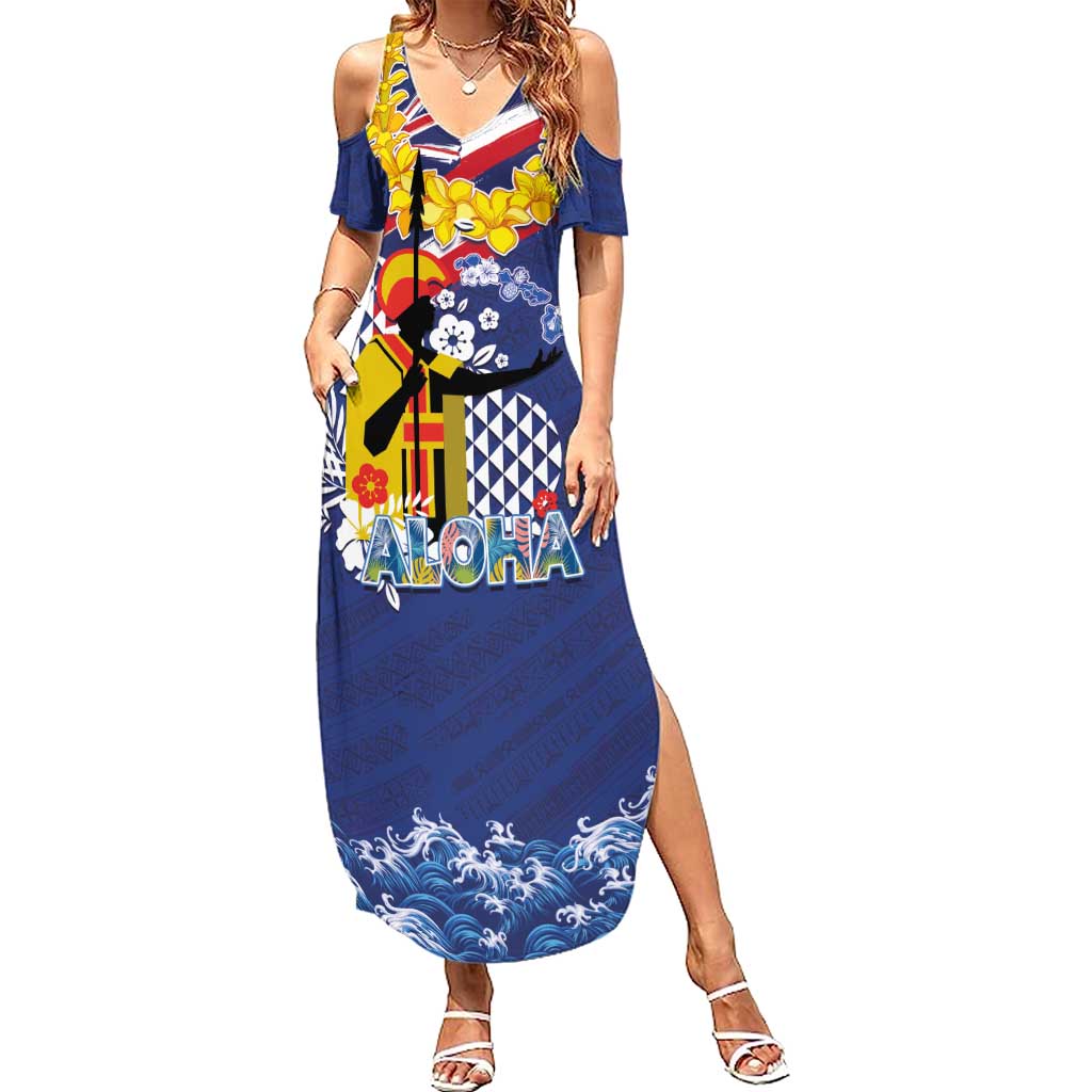 Hawaii King Kamehameha Day Family Matching Summer Maxi Dress and Hawaiian Shirt Lei Sea Waves Polynesian Tapa Pattern LT03 Mom's Dress Blue - Polynesian Pride