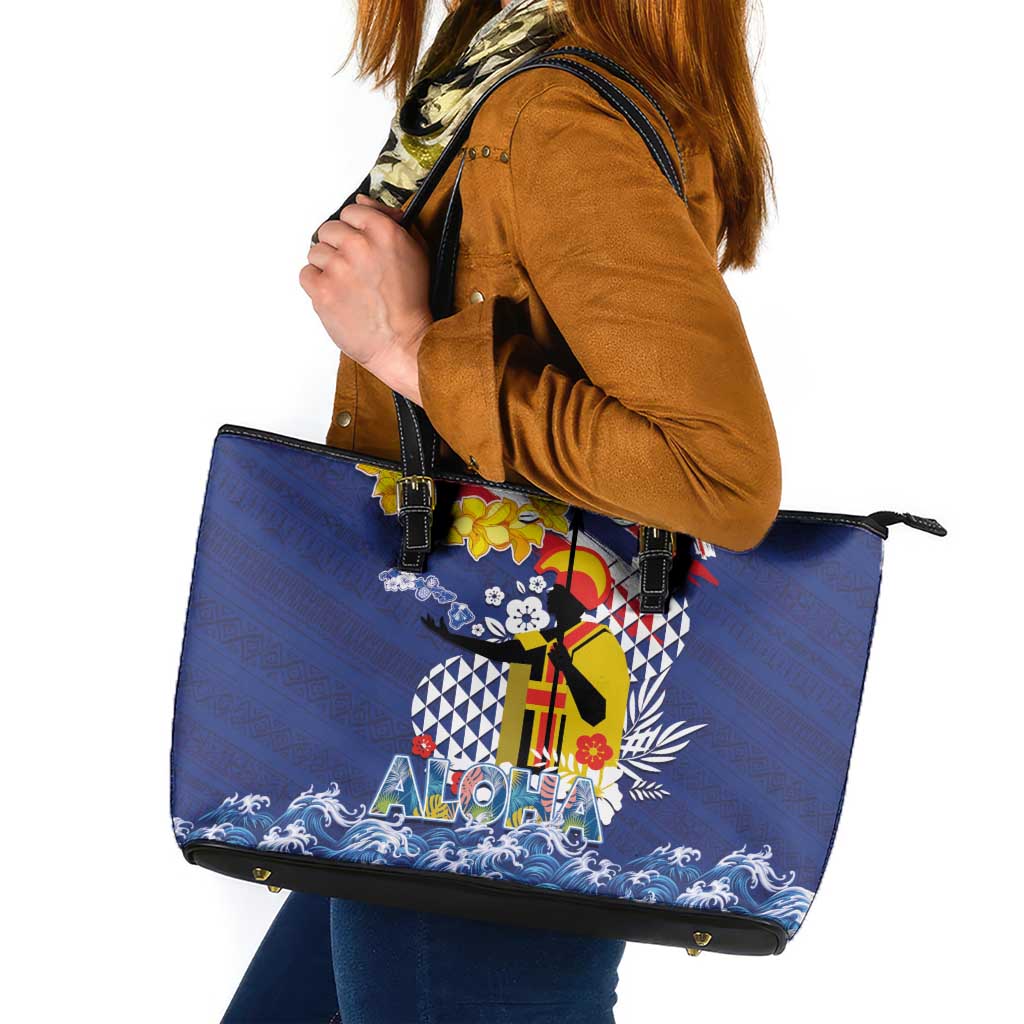 Hawaii King Kamehameha Day Leather Tote Bag Lei Sea Waves Polynesian Tapa Pattern