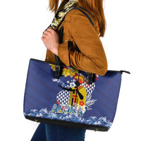 Hawaii King Kamehameha Day Leather Tote Bag Lei Sea Waves Polynesian Tapa Pattern
