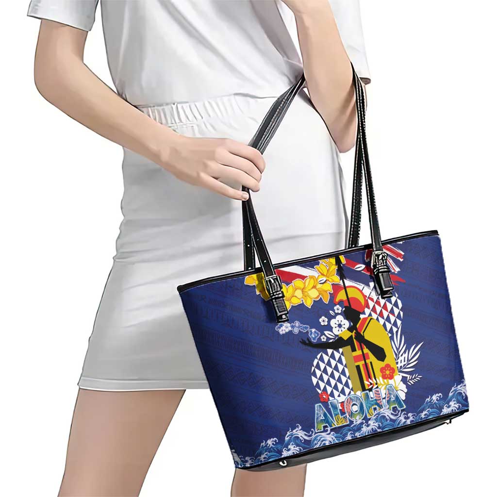 Hawaii King Kamehameha Day Leather Tote Bag Lei Sea Waves Polynesian Tapa Pattern
