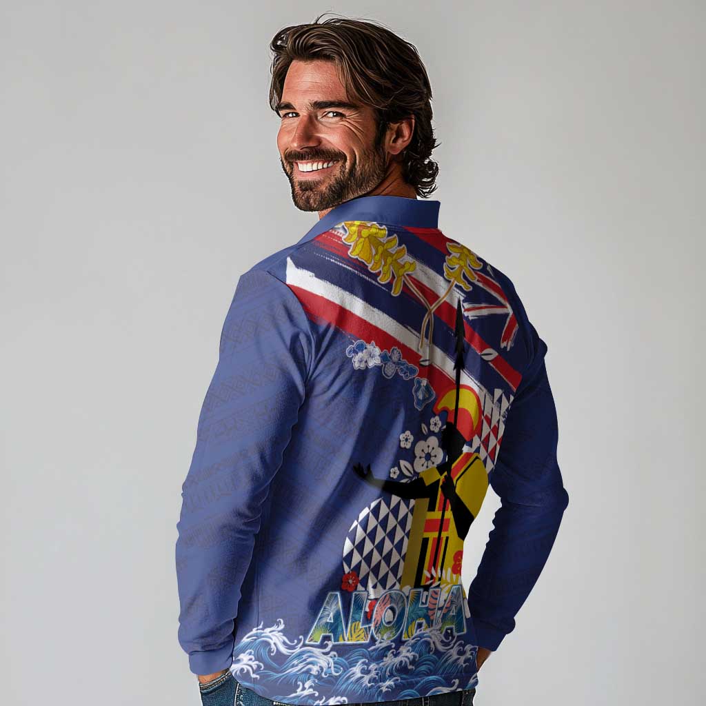Hawaii King Kamehameha Day Long Sleeve Polo Shirt Lei Sea Waves Polynesian Tapa Pattern