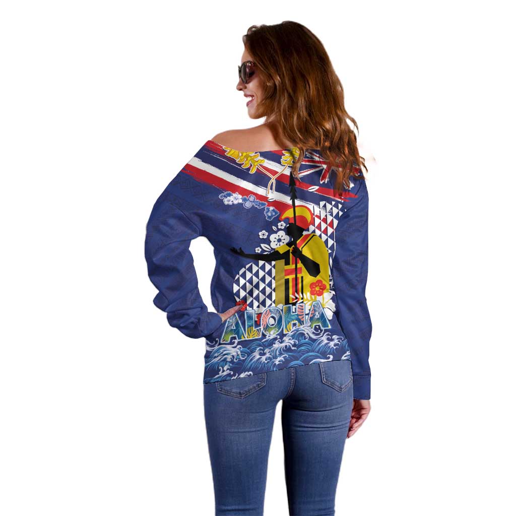 Hawaii King Kamehameha Day Off Shoulder Sweater Lei Sea Waves Polynesian Tapa Pattern