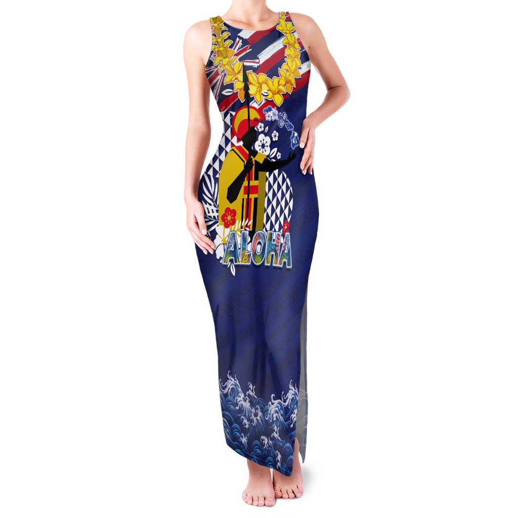 Hawaii King Kamehameha Day Tank Maxi Dress Lei Sea Waves Polynesian Tapa Pattern