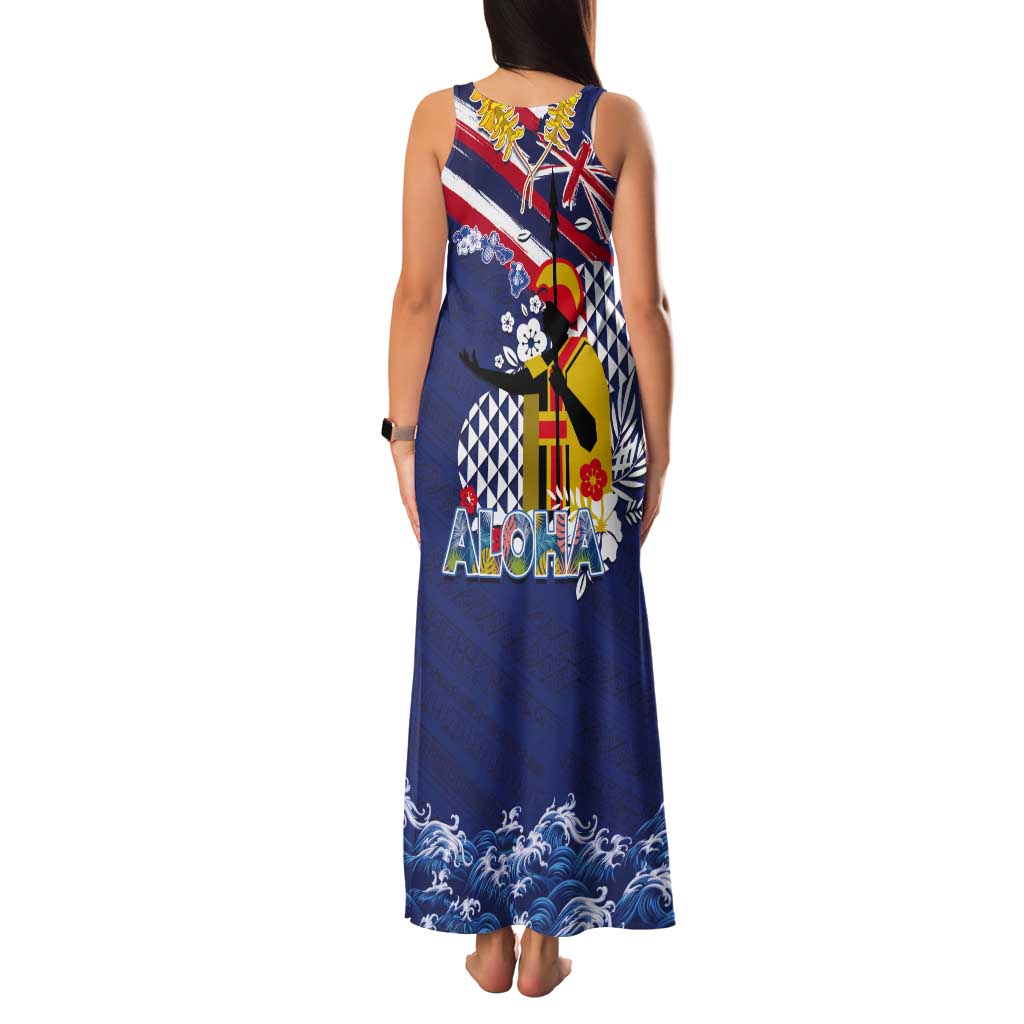 Hawaii King Kamehameha Day Tank Maxi Dress Lei Sea Waves Polynesian Tapa Pattern