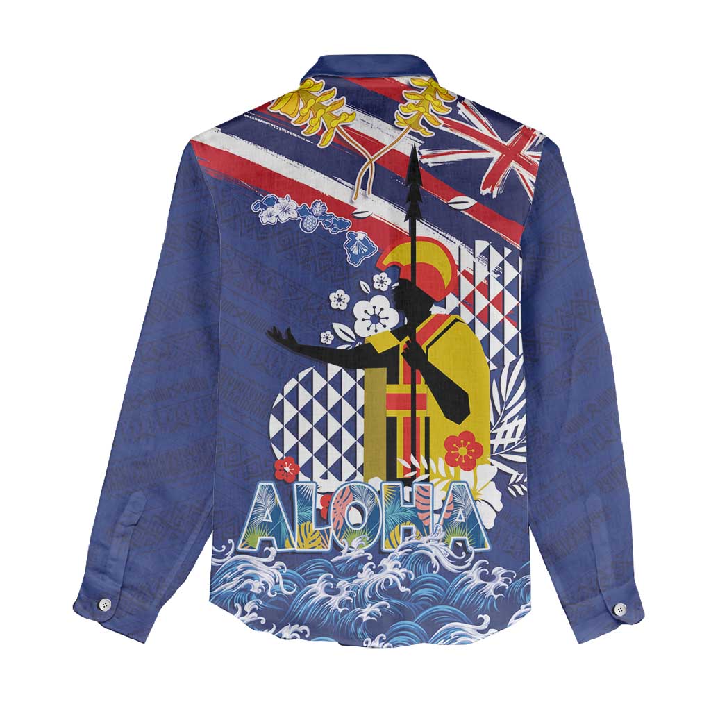 Hawaii King Kamehameha Day Women Casual Shirt Lei Sea Waves Polynesian Tapa Pattern