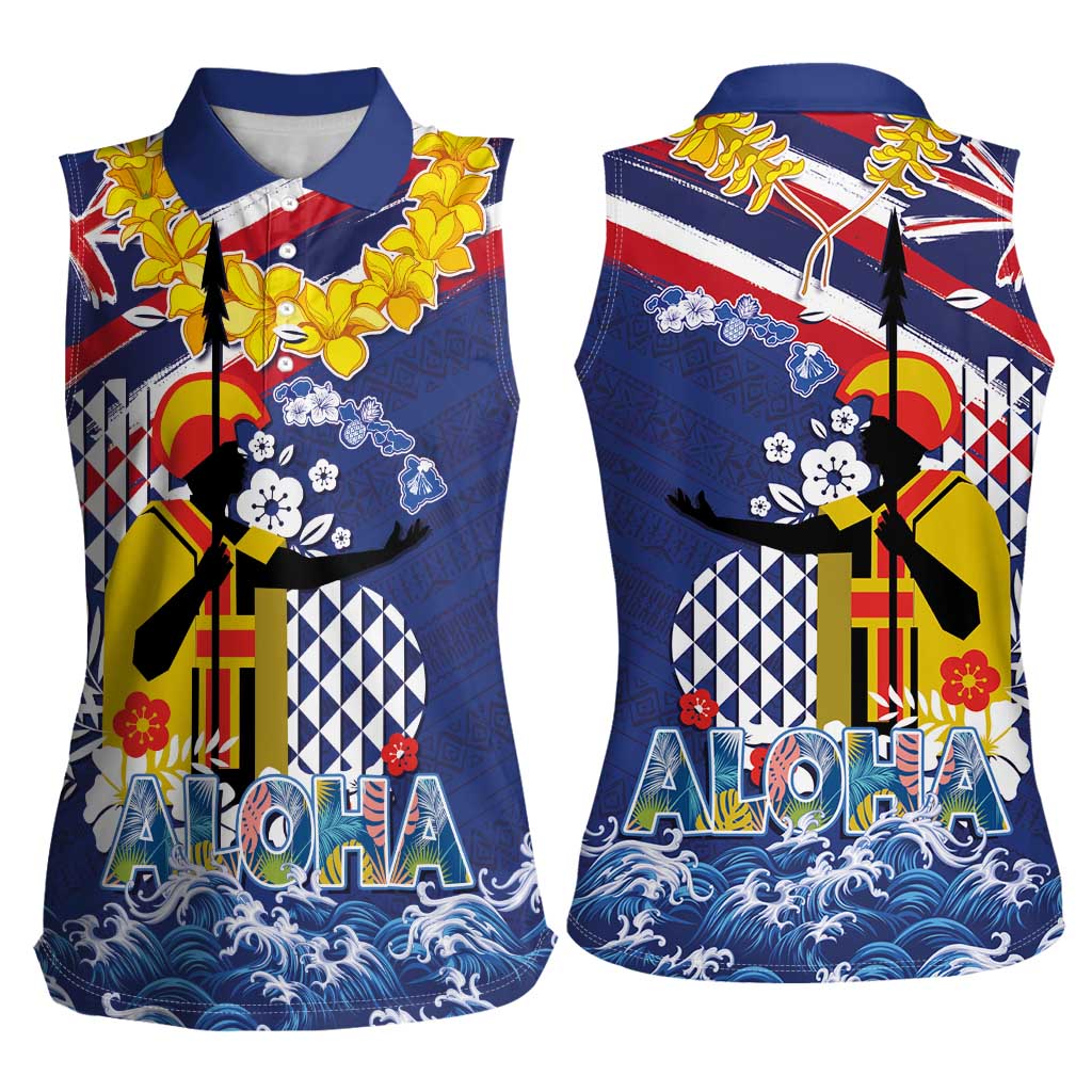 Hawaii King Kamehameha Day Women Sleeveless Polo Shirt Lei Sea Waves Polynesian Tapa Pattern