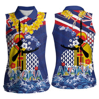Hawaii King Kamehameha Day Women Sleeveless Polo Shirt Lei Sea Waves Polynesian Tapa Pattern