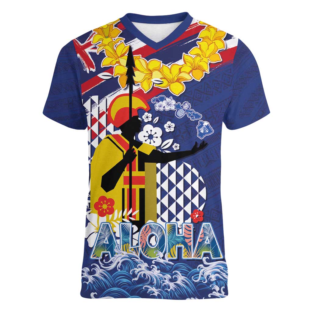 Hawaii King Kamehameha Day Women V-Neck T-Shirt Lei Sea Waves Polynesian Tapa Pattern