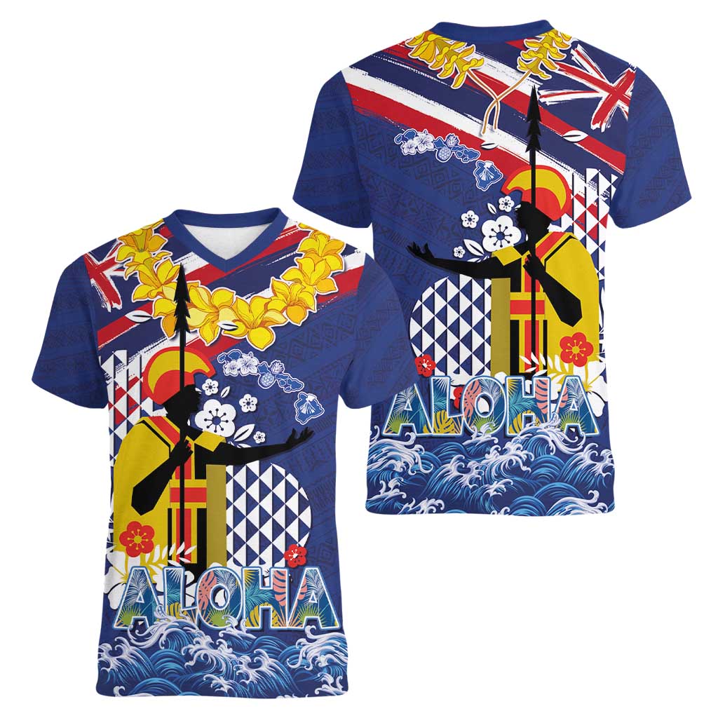 Hawaii King Kamehameha Day Women V-Neck T-Shirt Lei Sea Waves Polynesian Tapa Pattern