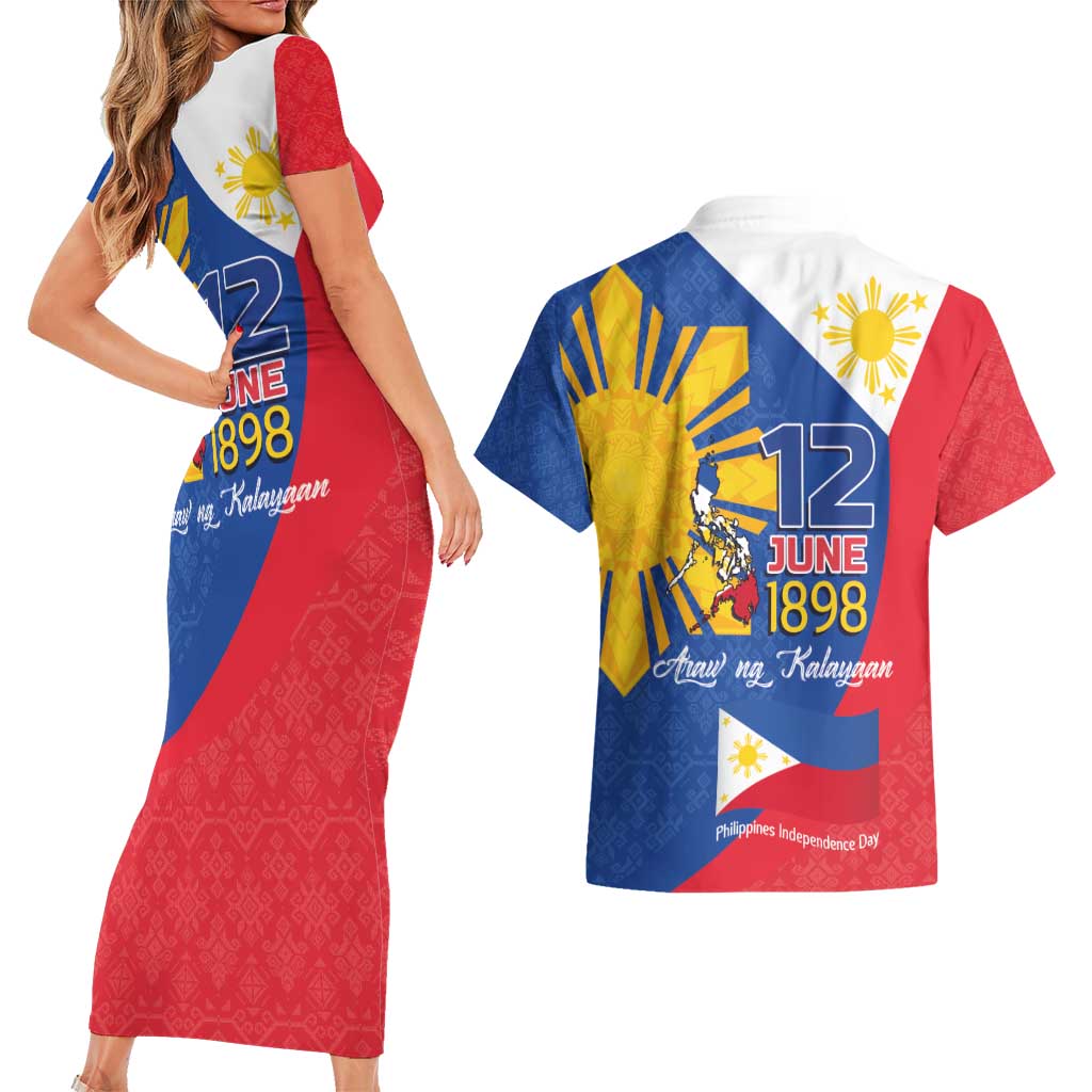 Philippines Independence Day Couples Matching Short Sleeve Bodycon Dress and Hawaiian Shirt Araw ng Kalayaan Polynesian Sun and YAKAN Pattern