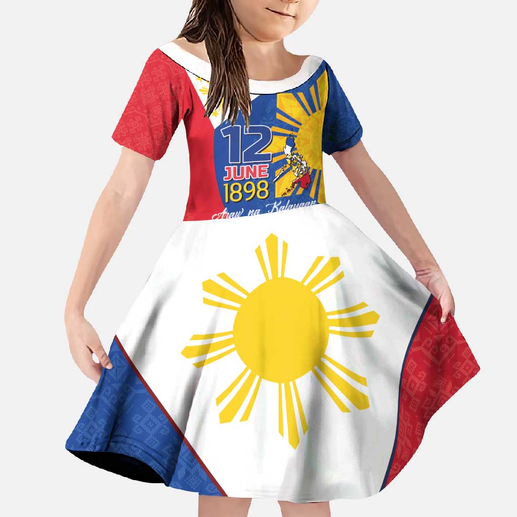 Philippines Independence Day Family Matching Long Sleeve Bodycon Dress and Hawaiian Shirt Araw ng Kalayaan Polynesian Sun and YAKAN Pattern LT03 Daughter's Dress Blue - Polynesian Pride