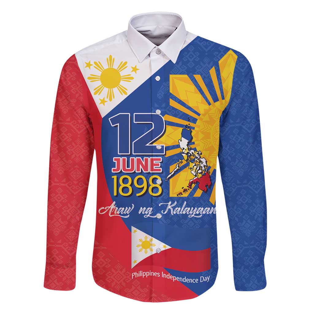 Philippines Independence Day Family Matching Off Shoulder Maxi Dress and Hawaiian Shirt Araw ng Kalayaan Polynesian Sun and YAKAN Pattern LT03 Dad's Shirt - Long Sleeve Blue - Polynesian Pride