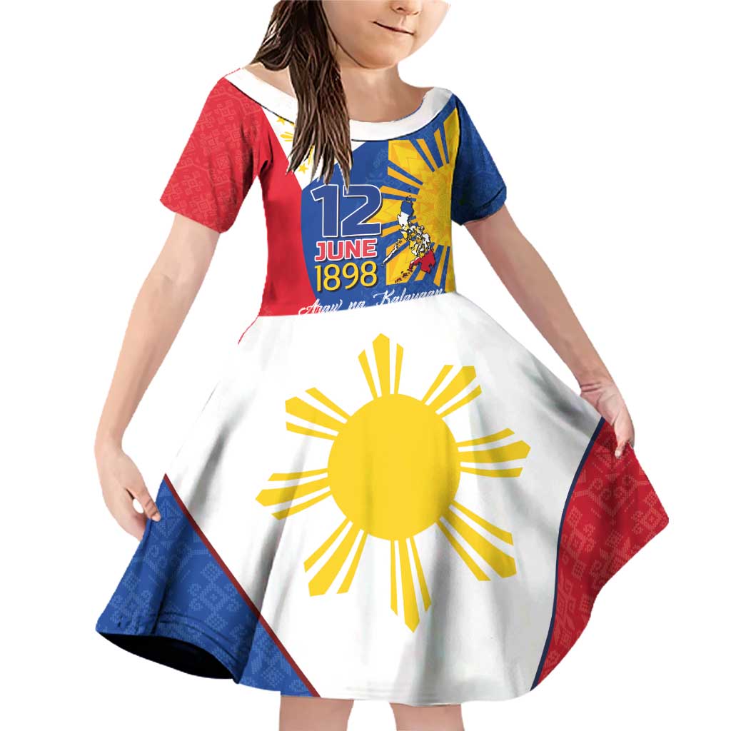 Philippines Independence Day Family Matching Off Shoulder Short Dress and Hawaiian Shirt Araw ng Kalayaan Polynesian Sun and YAKAN Pattern LT03 Daughter's Dress Blue - Polynesian Pride