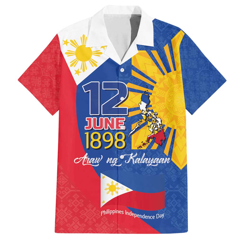 Philippines Independence Day Family Matching Off Shoulder Short Dress and Hawaiian Shirt Araw ng Kalayaan Polynesian Sun and YAKAN Pattern LT03 Dad's Shirt - Short Sleeve Blue - Polynesian Pride