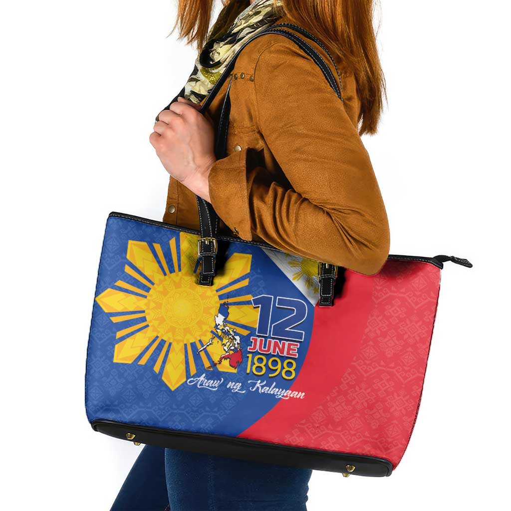 Philippines Independence Day Leather Tote Bag Araw ng Kalayaan Polynesian Sun and YAKAN Pattern