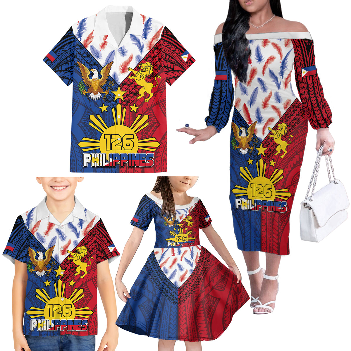 Philippines Independence Day 126th Anniversary Family Matching Off The Shoulder Long Sleeve Dress and Hawaiian Shirt Polynesian Pattern National Flag Style LT03 - Polynesian Pride