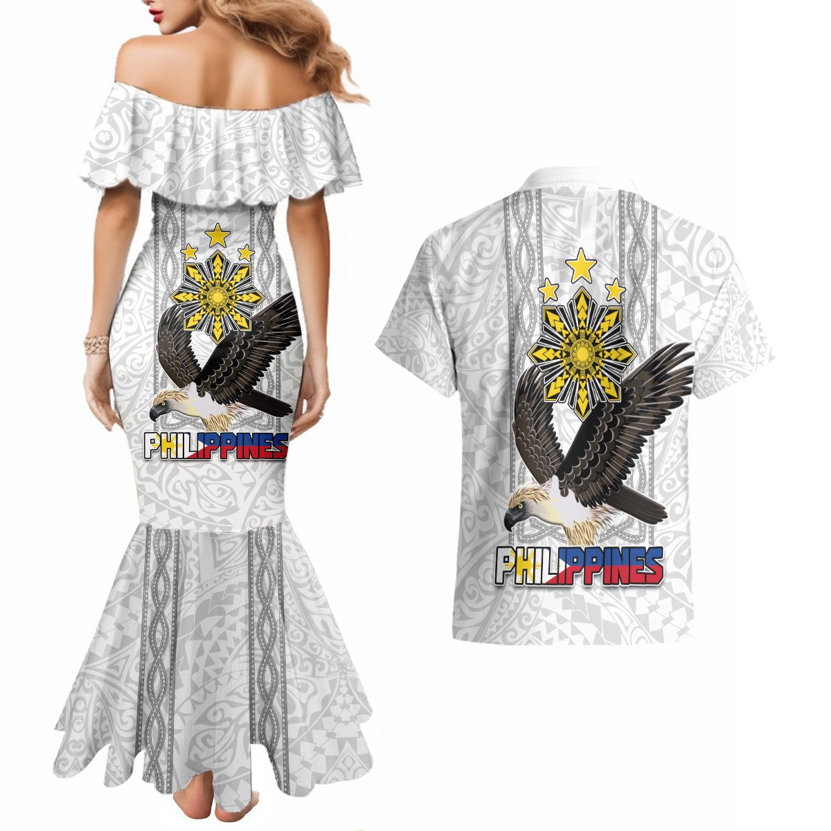 Philippines Eagle Week Couples Matching Mermaid Dress and Hawaiian Shirt Polynesian Pattern Barong Style