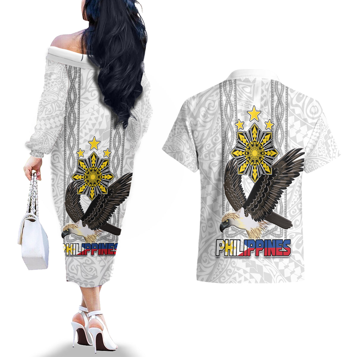 Philippines Eagle Week Couples Matching Off The Shoulder Long Sleeve Dress and Hawaiian Shirt Polynesian Pattern Barong Style LT03 - Polynesian Pride