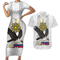 Philippines Eagle Week Couples Matching Short Sleeve Bodycon Dress and Hawaiian Shirt Polynesian Pattern Barong Style LT03 White - Polynesian Pride