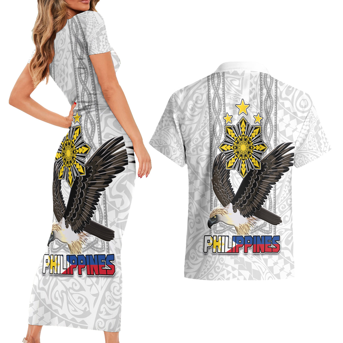 Philippines Eagle Week Couples Matching Short Sleeve Bodycon Dress and Hawaiian Shirt Polynesian Pattern Barong Style LT03 - Polynesian Pride