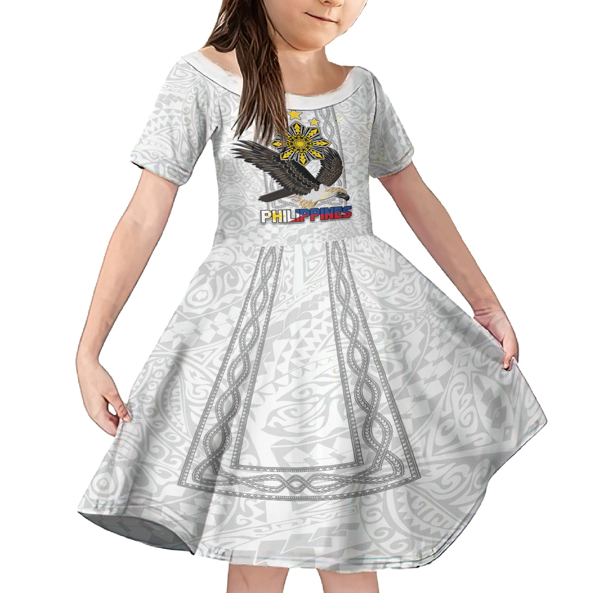 Philippines Eagle Week Family Matching Off The Shoulder Long Sleeve Dress and Hawaiian Shirt Polynesian Pattern Barong Style