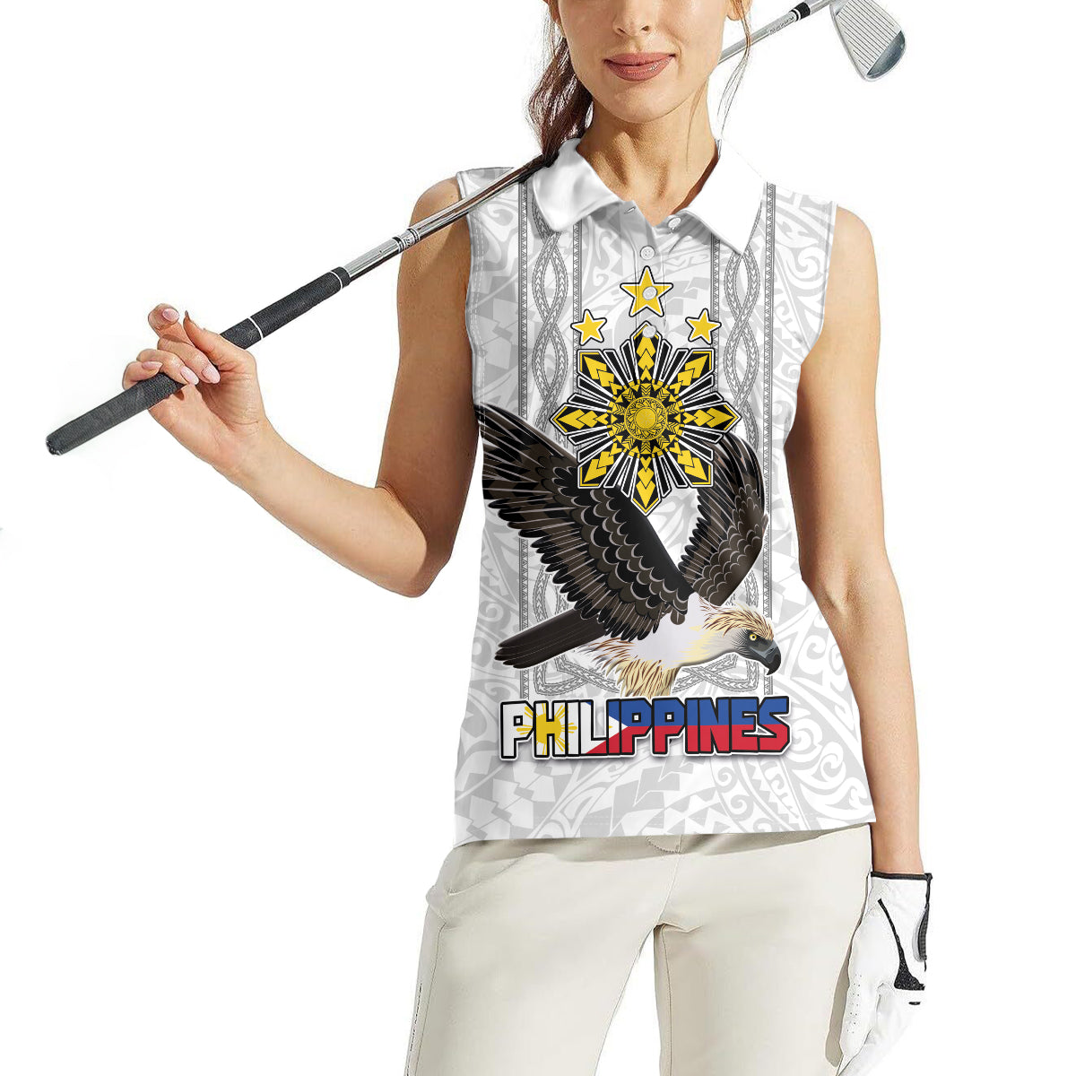 Philippines Eagle Week Women Sleeveless Polo Shirt Polynesian Pattern Barong Style