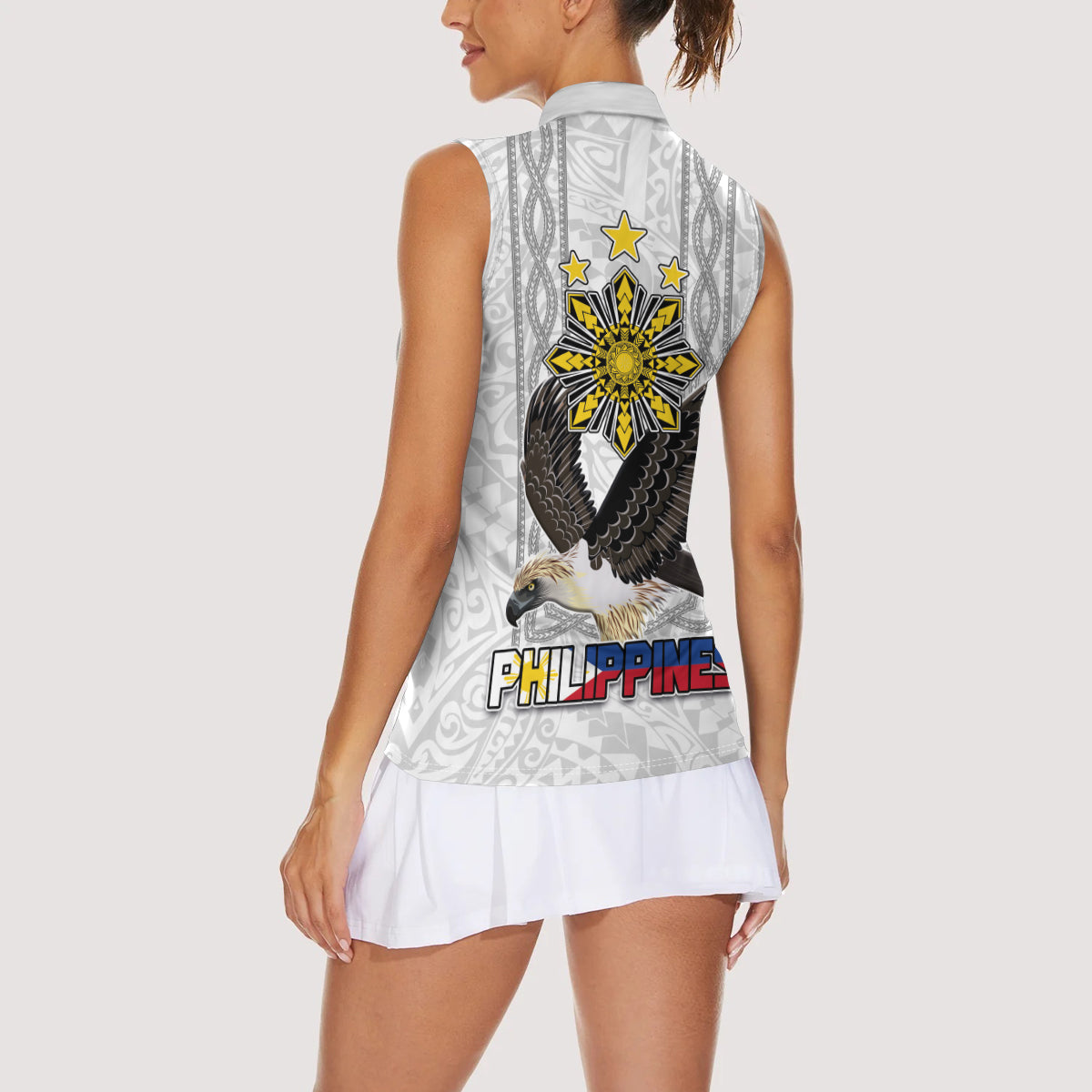 Philippines Eagle Week Women Sleeveless Polo Shirt Polynesian Pattern Barong Style
