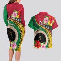 Vanuatu Tribal Boar Tusk Couples Matching Long Sleeve Bodycon Dress and Hawaiian Shirt Tropical Plants with Namele and Melanesian Pattern LT03 - Polynesian Pride